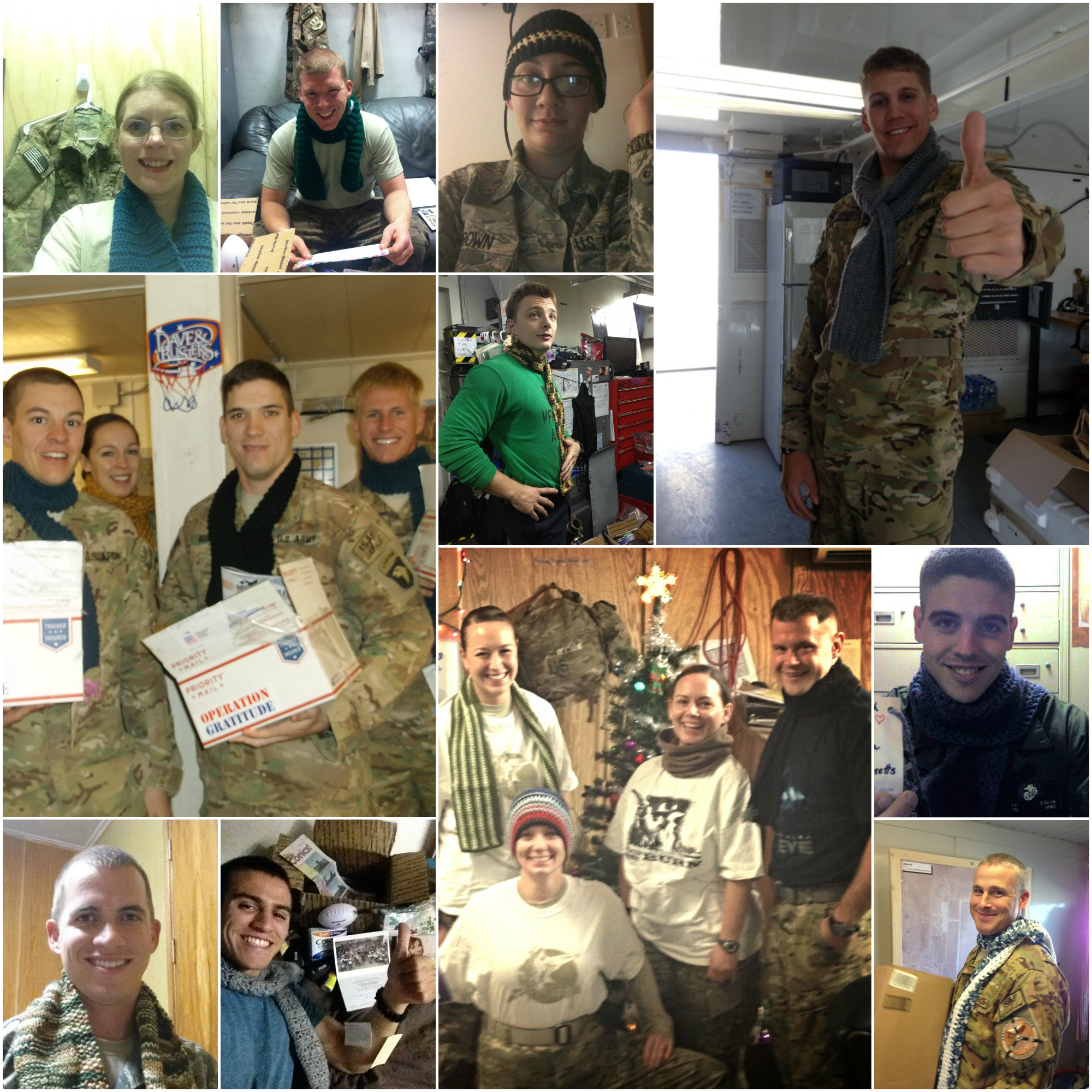Collage of various army troop members with handmade scarves.