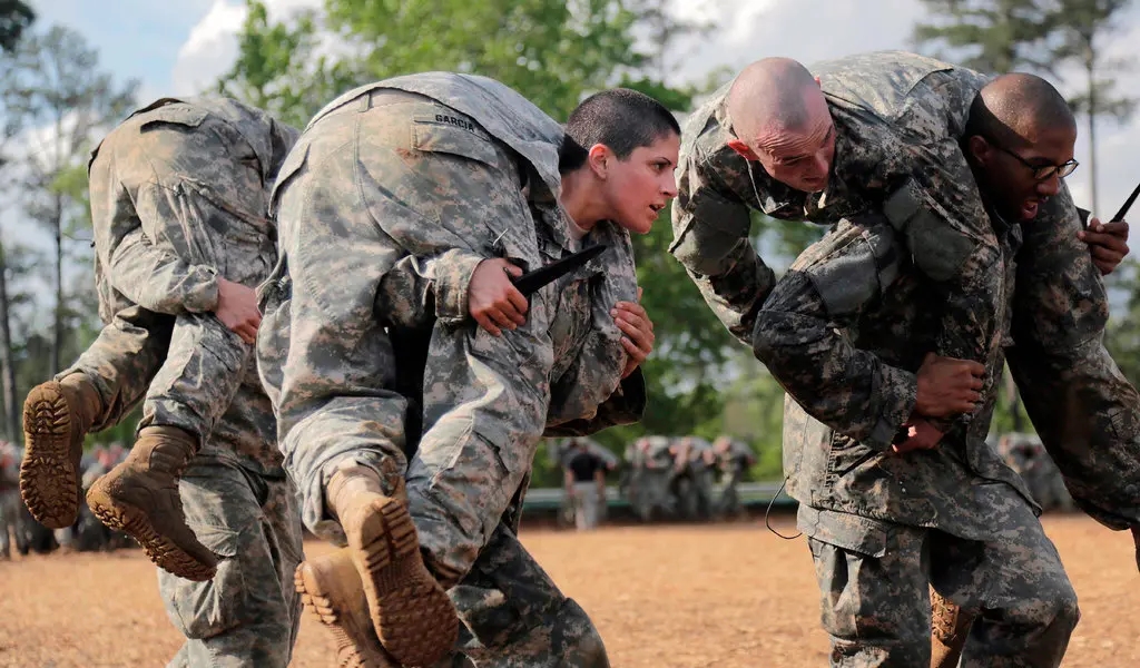 Figure 2 Cpt. Kristen Griest (Middle) and fellow U.S. Army Soldiers participating in close arm combative during the Ranger Course in Ft. Benning, Georgia.