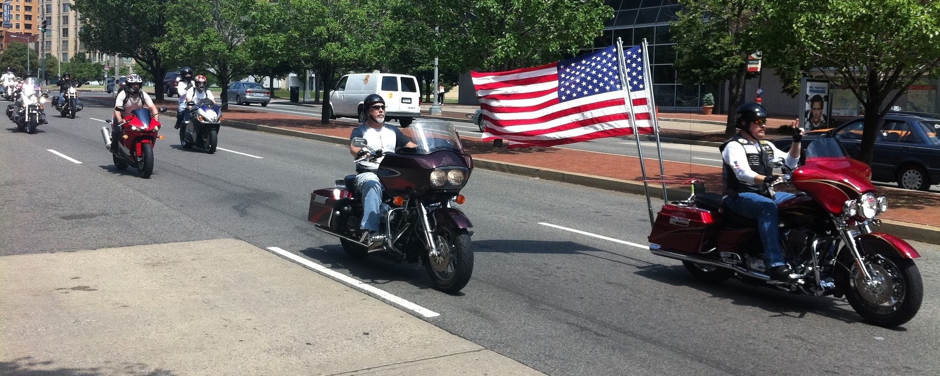 Motorcycle Rally. American Flag in the background. Memorial Day Celebration